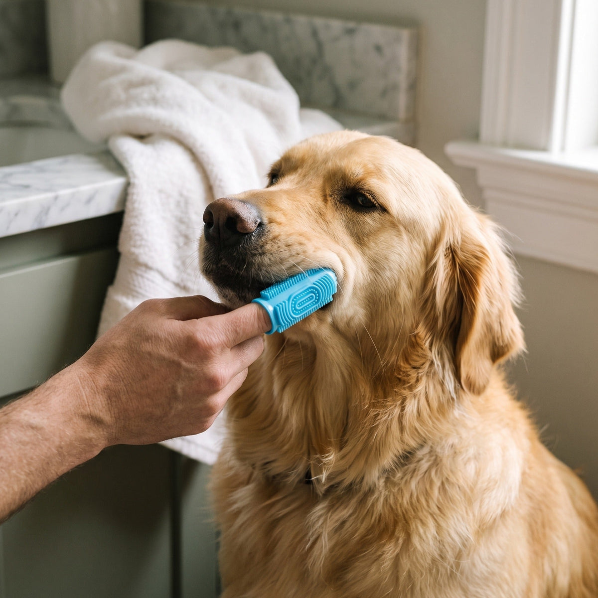 Hand wearing a blue silicone finger toothbrush gently brushing a golden retriever's teeth