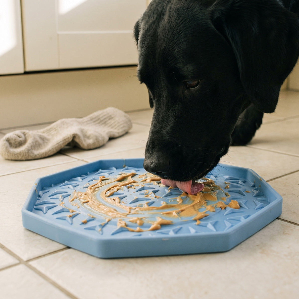 Black Labrador licking peanut butter from a blue lick mat on a kitchen floor