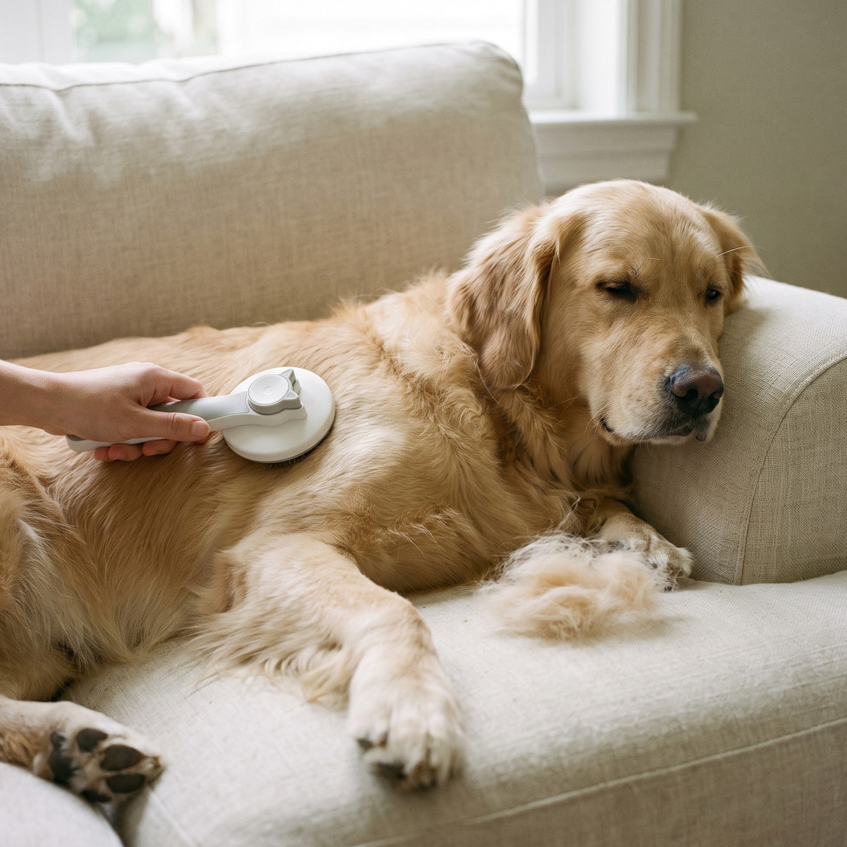 For dogs: Golden retriever being brushed with the self-cleaning slicker brush on a linen sofa