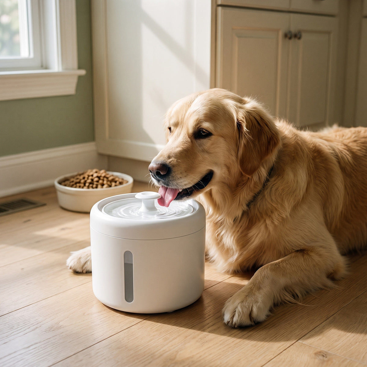 For dogs: Golden retriever lapping water from the white USB pet water fountain on a kitchen floor
