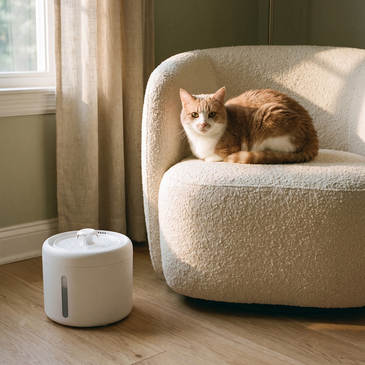 For cats: Ginger and white cat on a cream armchair with the white USB pet water fountain on the floor beside it