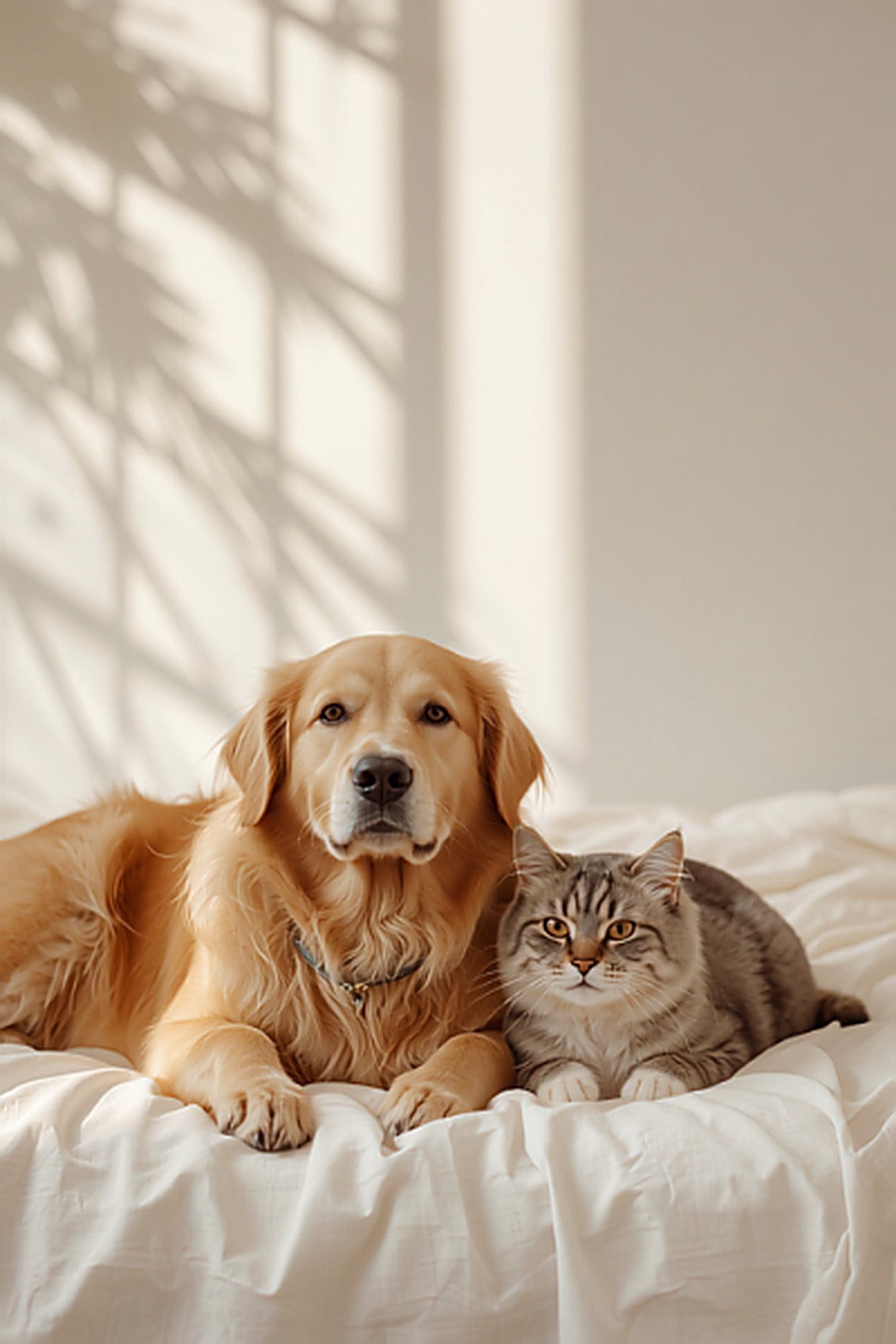 A golden retriever and a tabby cat resting together in soft natural light