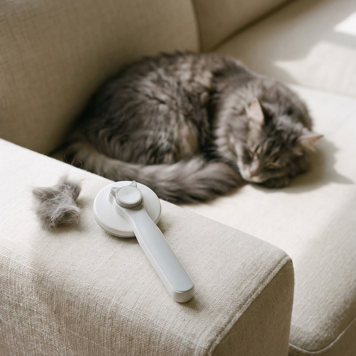 For cats: Grey self-cleaning slicker brush on a linen sofa arm beside a tuft of collected fur, cat sleeping behind
