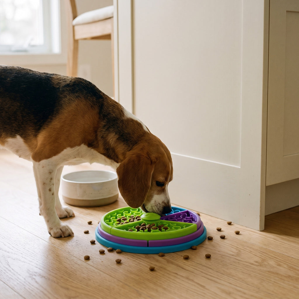 For dogs: Beagle eating kibble from the three-layer puzzle slow feeder bowl on a wooden kitchen floor