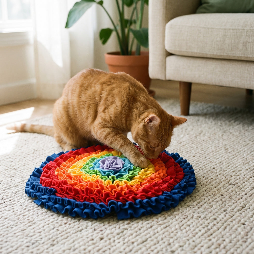 For cats: Orange tabby cat pawing for treats hidden in the rainbow snuffle mat