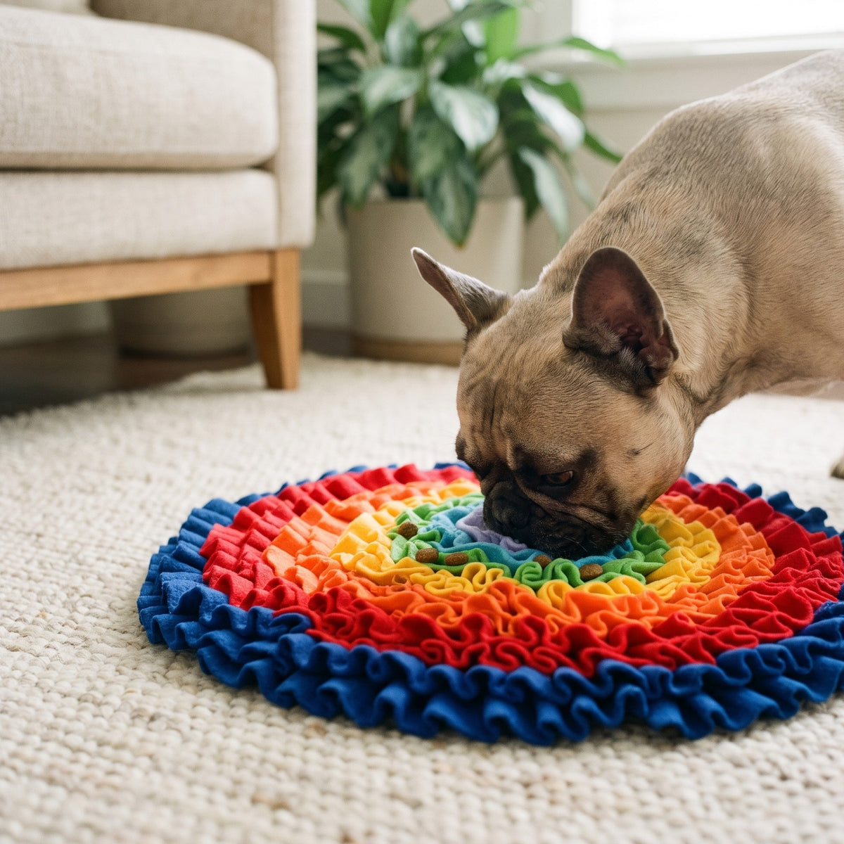 For dogs: French bulldog with its nose buried in the rainbow snuffle mat on a living room rug