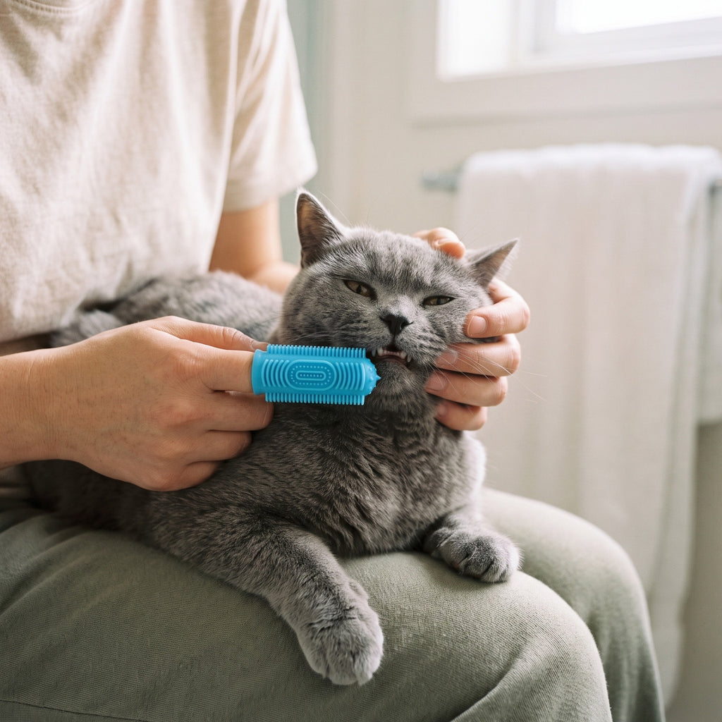 For cats: Grey British shorthair cat having its teeth brushed with the blue silicone finger toothbrush