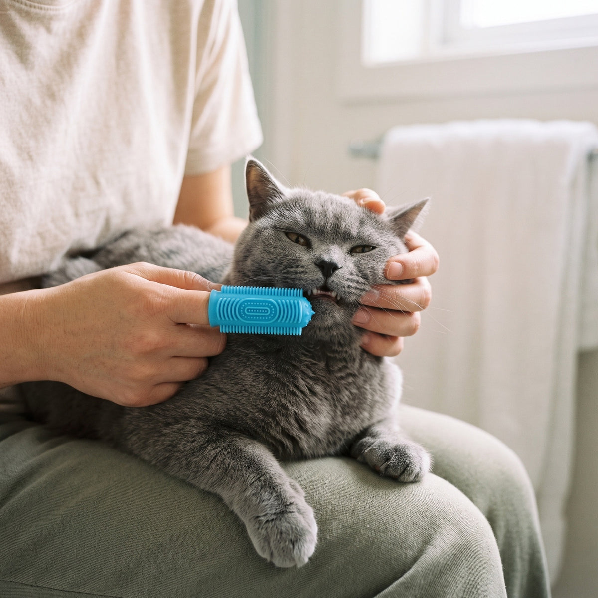 For cats: Grey British shorthair cat having its teeth brushed with the blue silicone finger toothbrush