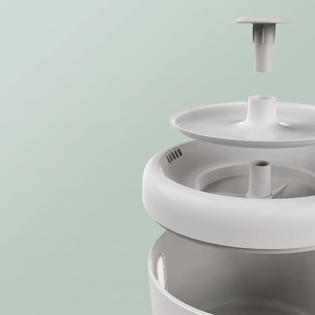 Exploded view of the pet water fountain showing lid, spout and pump for easy cleaning