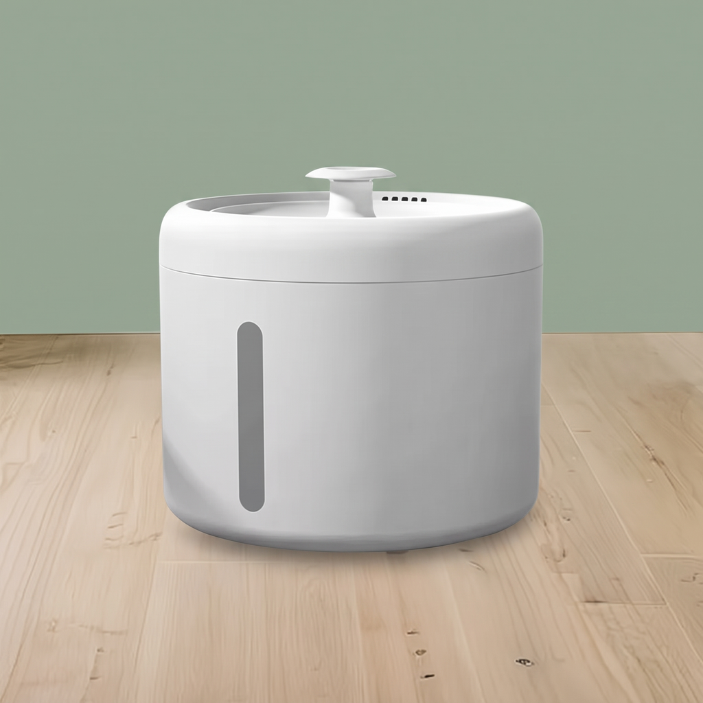 White USB pet water fountain with water-level window on a wood floor