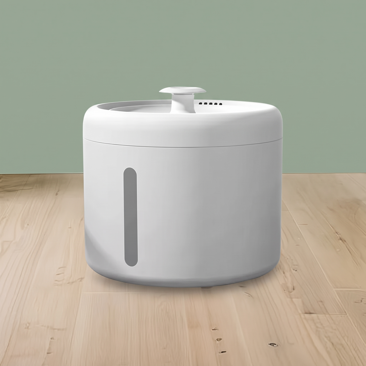 White USB pet water fountain with water-level window on a wood floor