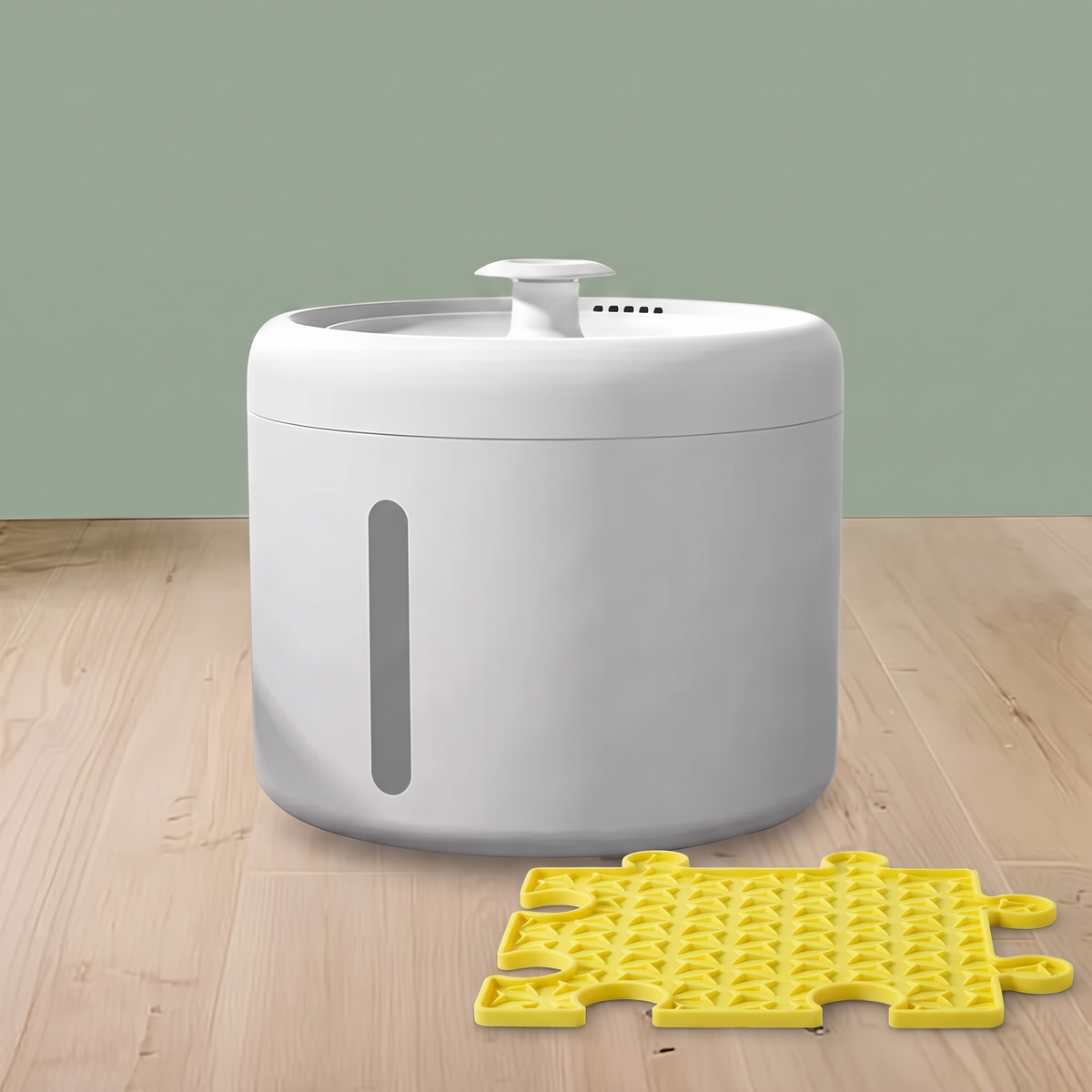 Hydration Starter Set: white USB pet water fountain with a yellow puzzle lick mat