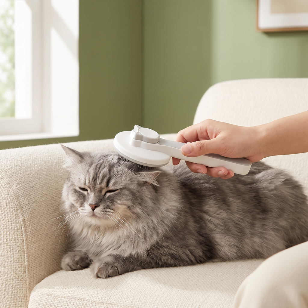 Fluffy grey cat being brushed with the self-cleaning slicker brush