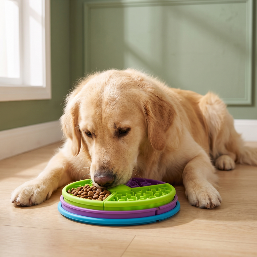 Golden retriever eating from the puzzle slow feeder bowl
