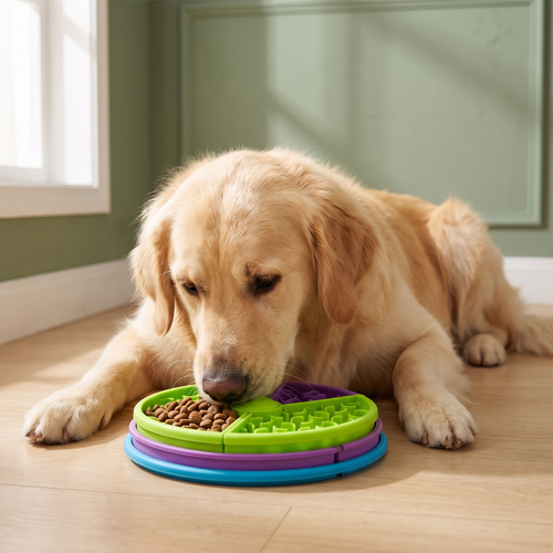 Golden retriever eating from the puzzle slow feeder bowl