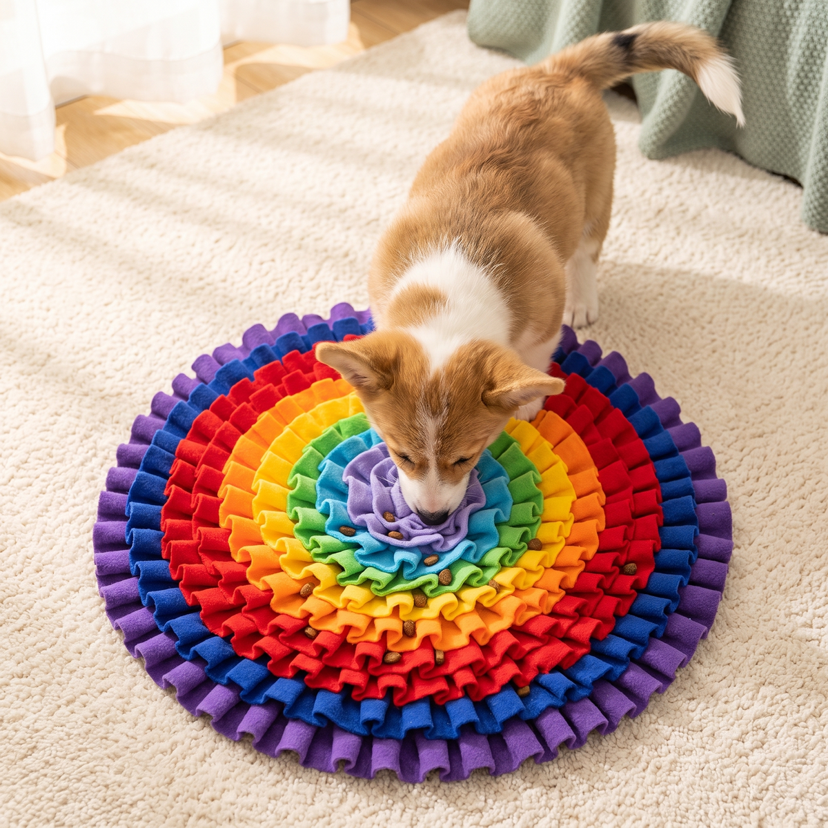 Corgi puppy snuffling for kibble in the rainbow snuffle mat