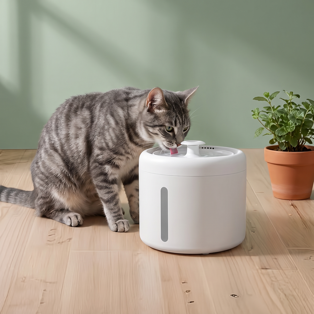 Grey tabby cat drinking from the white USB pet water fountain