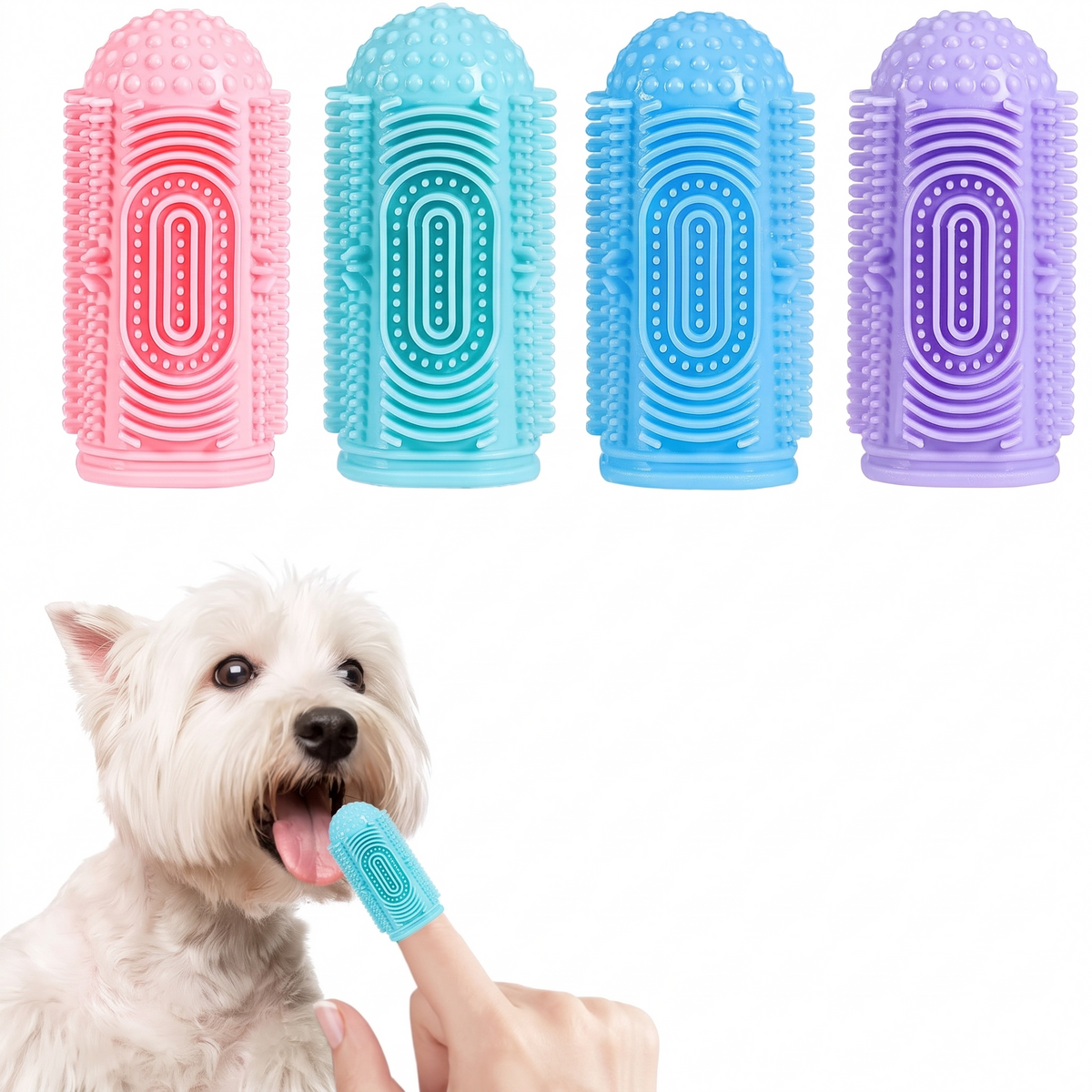 Silicone finger toothbrush for dogs and cats in pink, teal, blue and purple, with a terrier having its teeth brushed